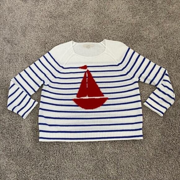 The Loft Pullover Sweater Red Sailboat over Blue & White Stripes Women's Large - Picture 10 of 12